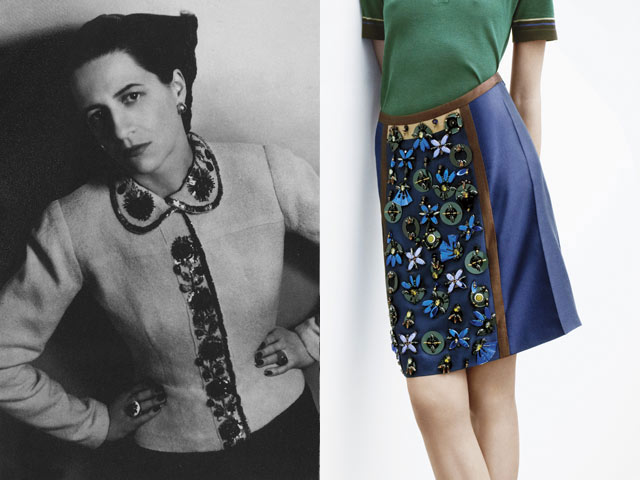 Da sinistra: Diana Vreeland in Elsa Schiaparelli, Harper’s Bazaar, Aprile 1937; abiti di Miuccia Prada primavera/estate 2005. Da sinistra: Diana Vreeland in Elsa Schiaparelli, Harper’s Bazaar, Aprile 1937; abiti di Miuccia Prada primavera/estate 2005.